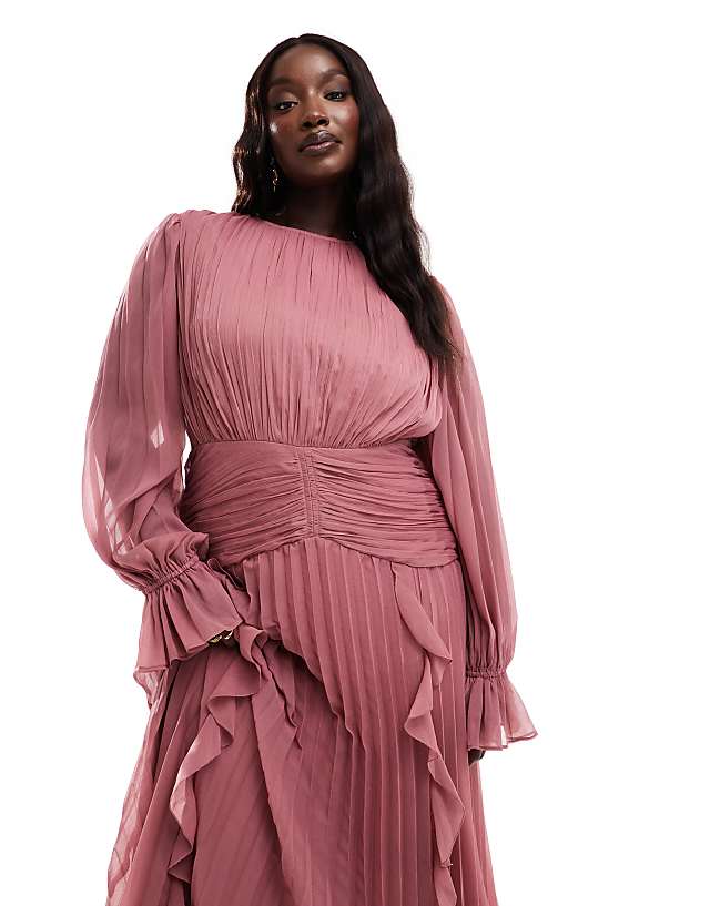 Asos ASOS DESIGN Curve High Neck Ruched Belt Detail Maxi Dress In Dusky Pink