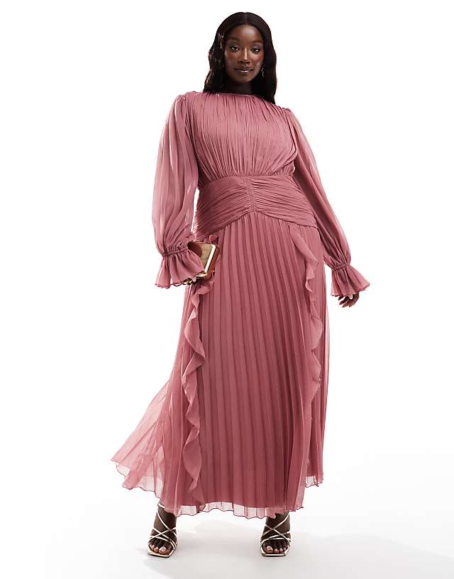 asos ASOS DESIGN Curve high neck ruched belt detail maxi dress in dusky pink