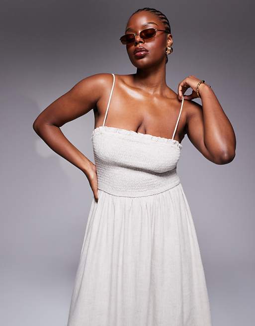 Asos ASOS DESIGN Curve Isabel Linen Blend Shirred Bandeau Beach Dress In Natural