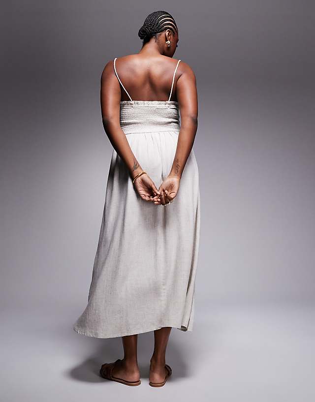 Asos ASOS DESIGN Curve Isabel Linen Blend Shirred Bandeau Beach Dress In Natural