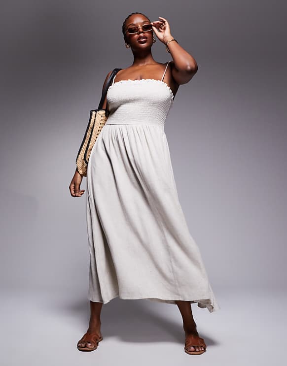 asos ASOS DESIGN Curve Isabel linen blend shirred bandeau beach dress in natural