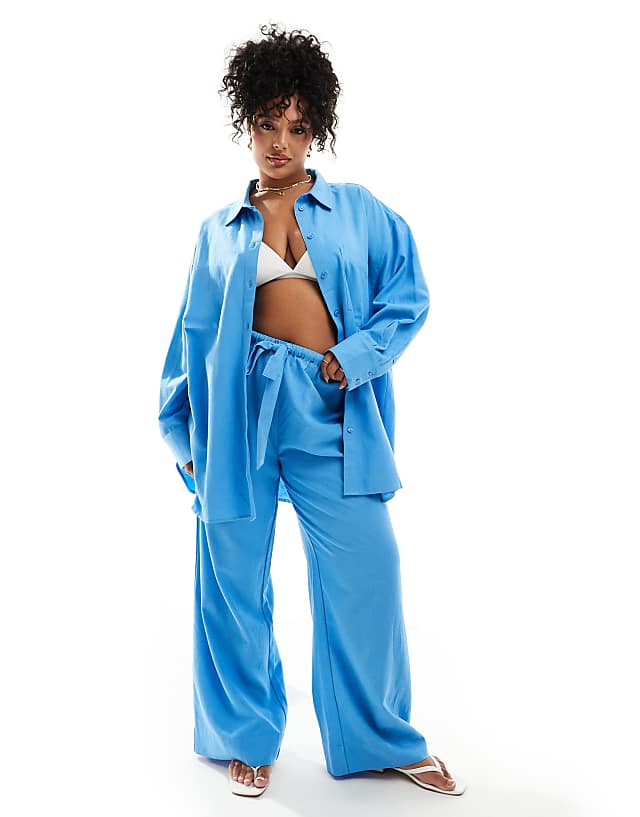 Asos ASOS DESIGN Curve Isabel Mix & Match Linen Look Beach Set In Cornflower Blue
