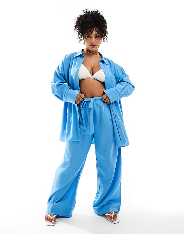 asos ASOS DESIGN Curve Isabel mix & match linen look beach set in cornflower blue