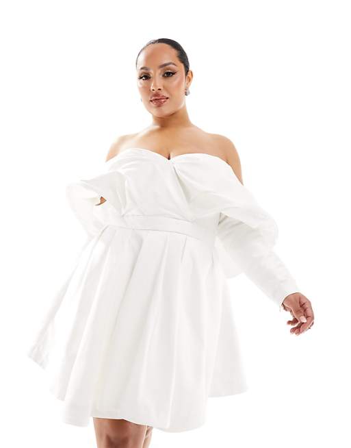 asos ASOS DESIGN Curve Lila satin structured off shoulder mini wedding dress with full skirt in