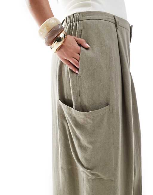 Asos ASOS DESIGN Curve Linen Blend Barrel Leg Utility Trouser In Olive