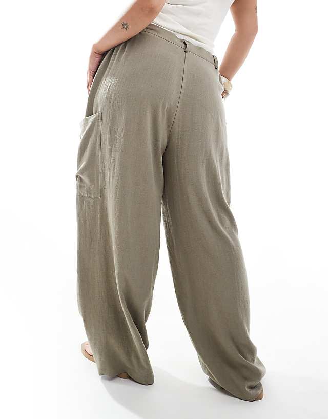 Asos ASOS DESIGN Curve Linen Blend Barrel Leg Utility Trouser In Olive