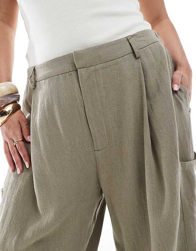 Asos ASOS DESIGN Curve Linen Blend Barrel Leg Utility Trouser In Olive