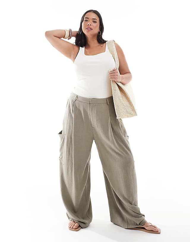asos ASOS DESIGN Curve linen blend barrel leg utility trouser in olive
