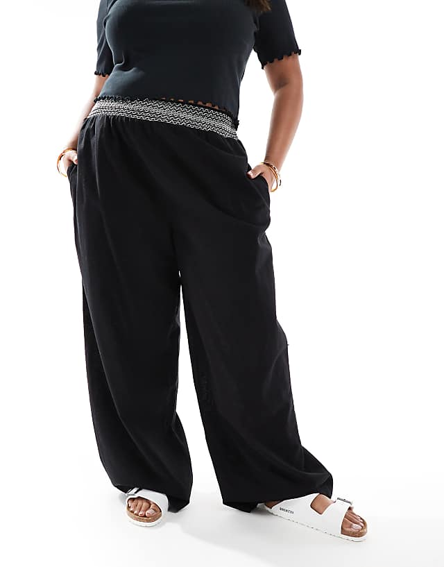 Asos ASOS DESIGN Curve Linen Blend Pull On Wide Leg Trousers With Shirred Waist Detail In Black With Cream