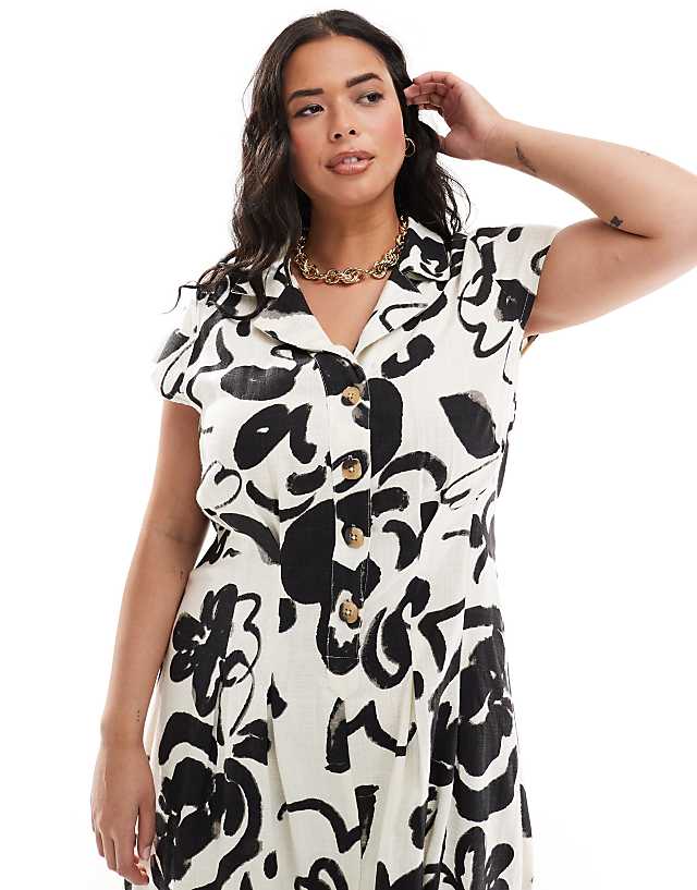 Asos ASOS DESIGN Curve Linen Cap Sleeve Shirt Midi Dress With Pin Tucks In Abstract Print