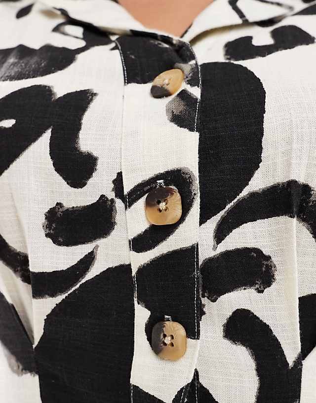 Asos ASOS DESIGN Curve Linen Cap Sleeve Shirt Midi Dress With Pin Tucks In Abstract Print