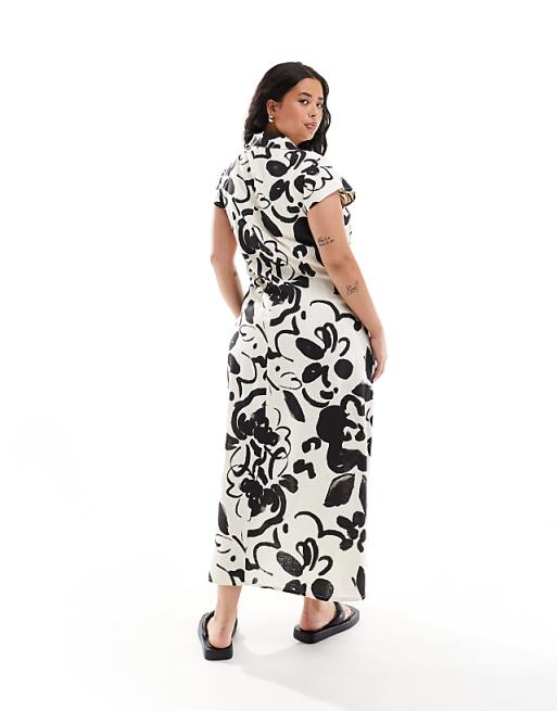 Asos ASOS DESIGN Curve Linen Cap Sleeve Shirt Midi Dress With Pin Tucks In Abstract Print
