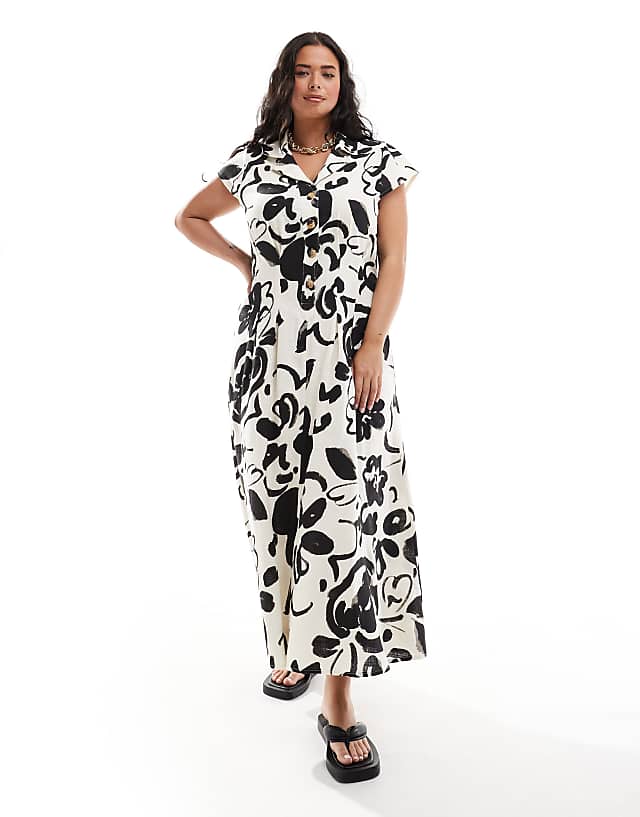 asos ASOS DESIGN Curve linen cap sleeve shirt midi dress with pin tucks in abstract print