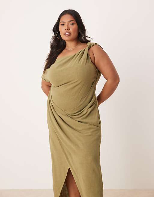 Asos ASOS DESIGN Curve Linen Fallen Twist Shoulder Wrap Skirt Detail Midi Dress In Khaki