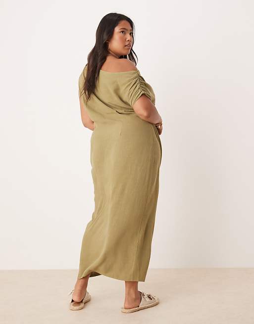 Asos ASOS DESIGN Curve Linen Fallen Twist Shoulder Wrap Skirt Detail Midi Dress In Khaki
