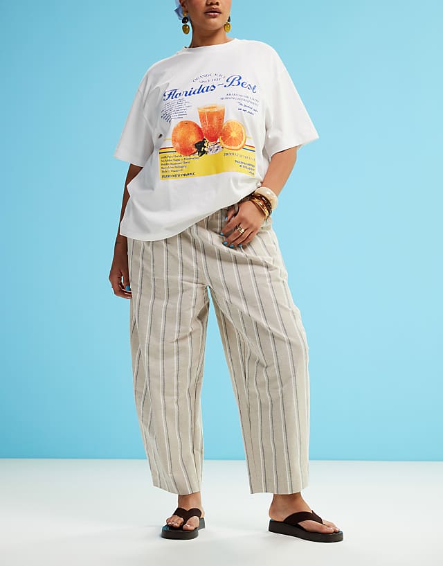 Asos ASOS DESIGN Curve Linen Look Barrel Trousers In Neutral Stripe