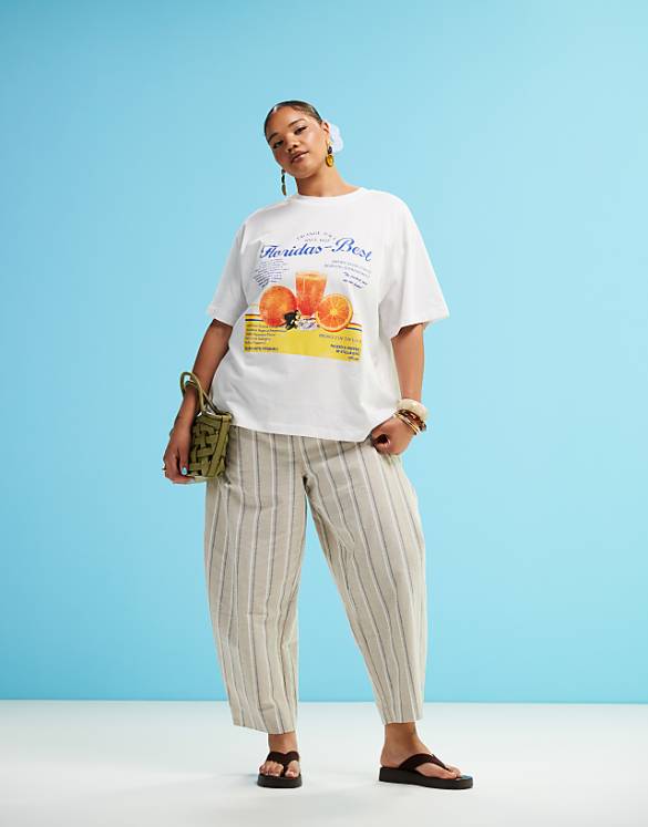 asos ASOS DESIGN Curve linen look barrel trousers in neutral stripe