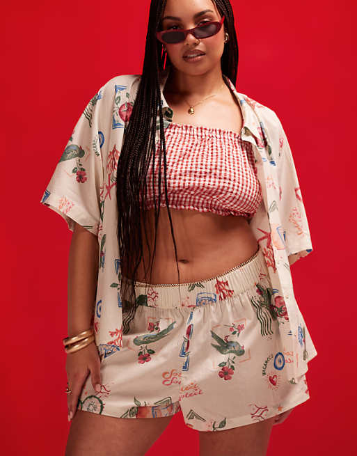 Asos ASOS DESIGN Curve Linen Look Co-ord Beach Short In Postcard Print