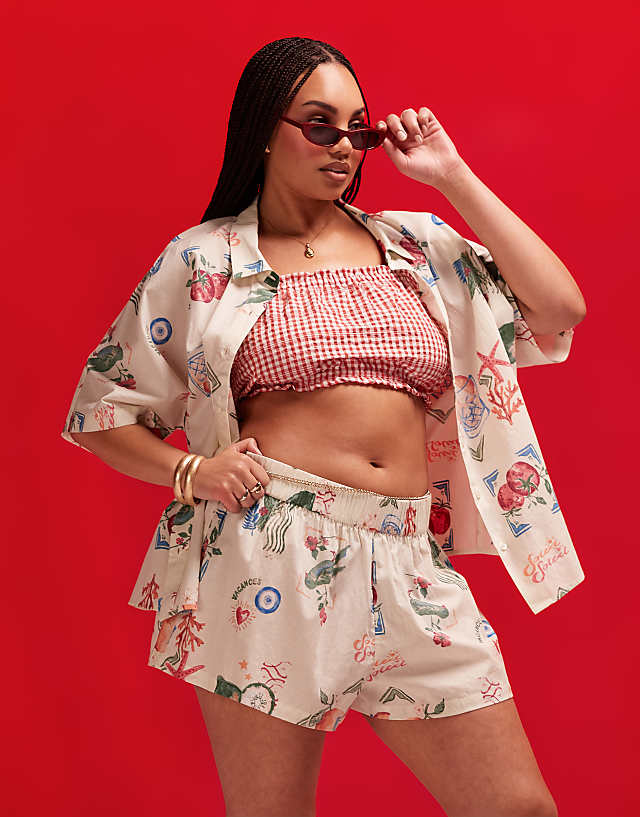 asos ASOS DESIGN Curve linen look co-ord beach short in postcard print