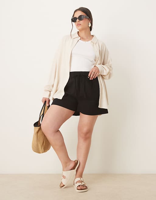 asos ASOS DESIGN Curve linen look pull on shorts co-ord in black