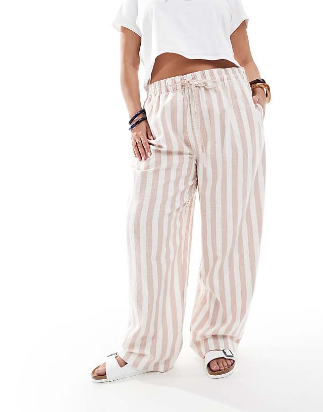 Asos ASOS DESIGN Curve Linen Look Pull On Tapered Trousers In Mink Stripe