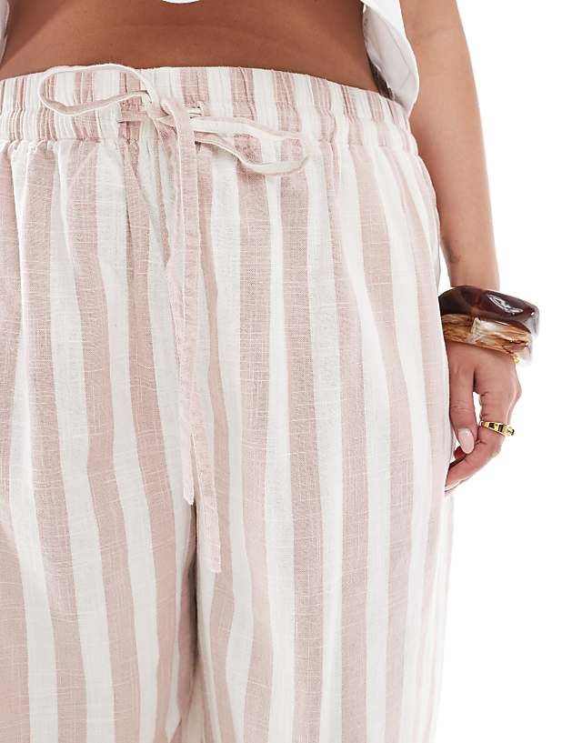 Asos ASOS DESIGN Curve Linen Look Pull On Tapered Trousers In Mink Stripe