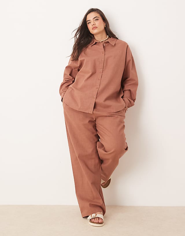 asos ASOS DESIGN Curve linen look pull on trousers co-ord in mocha