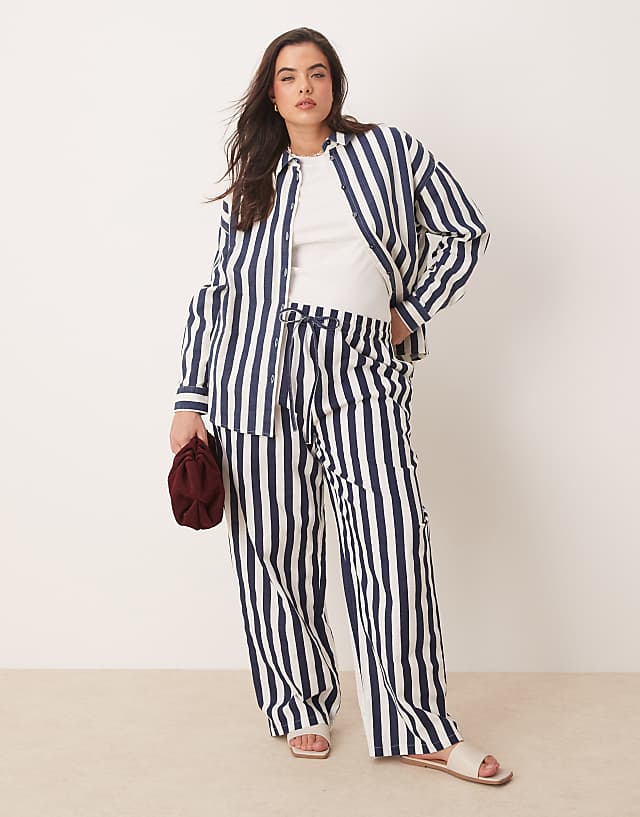 asos ASOS DESIGN Curve linen look shirt & pull on trouser co-ord in navy stripe
