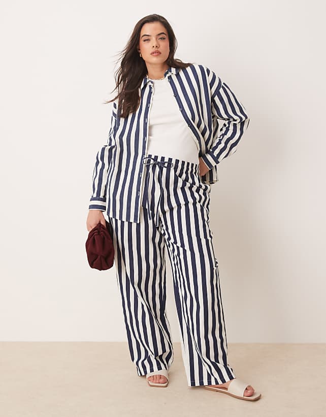 asos ASOS DESIGN Curve linen look shirt & pull on trouser co-ord in navy stripe