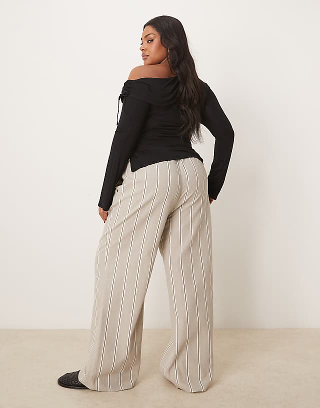 Asos ASOS DESIGN Curve Linen Look Tailored Tie Waist Pull On Trouser In Taupe Stripe