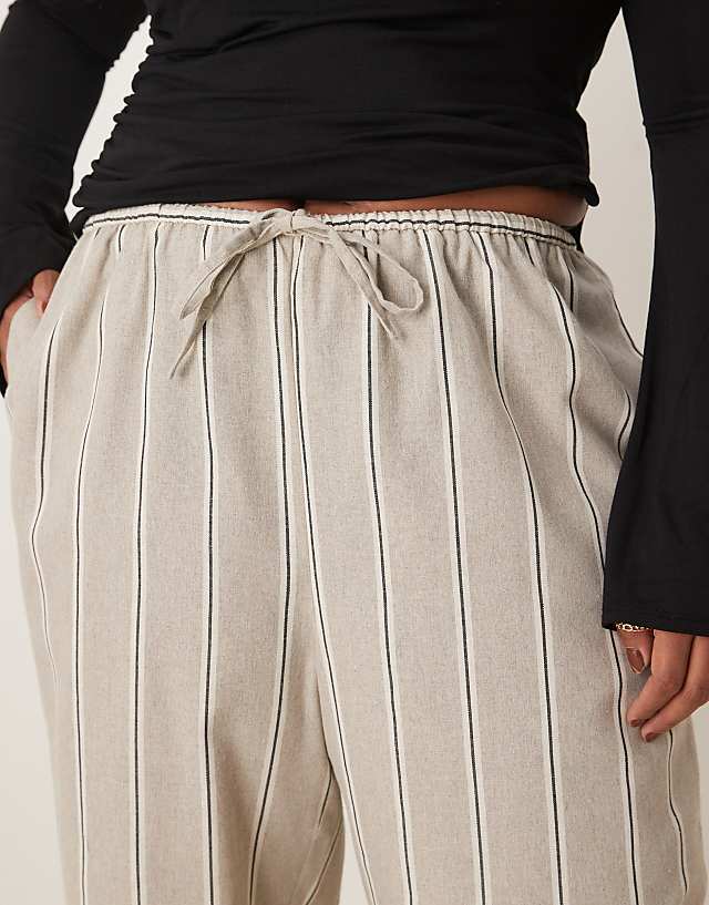 Asos ASOS DESIGN Curve Linen Look Tailored Tie Waist Pull On Trouser In Taupe Stripe