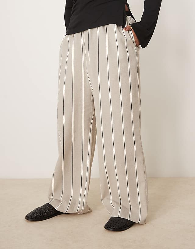 Asos ASOS DESIGN Curve Linen Look Tailored Tie Waist Pull On Trouser In Taupe Stripe