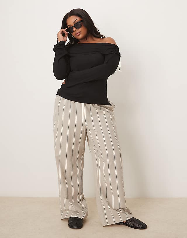 asos ASOS DESIGN Curve linen look tailored tie waist pull on trouser in taupe stripe