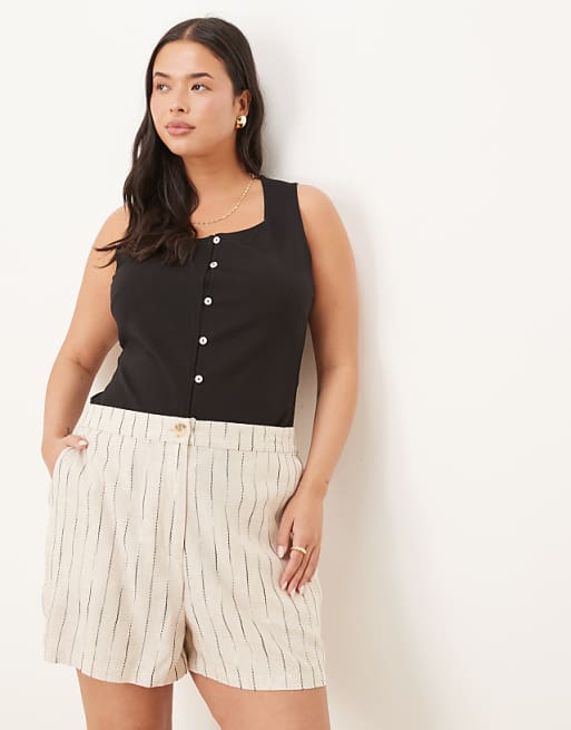 asos ASOS DESIGN Curve linen relaxed dad shorts in natural squiggle stripe