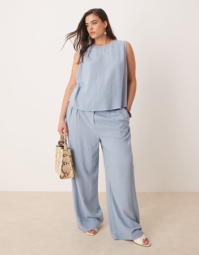 asos ASOS DESIGN Curve linen shell top and pleat front trousers co-ord in blue