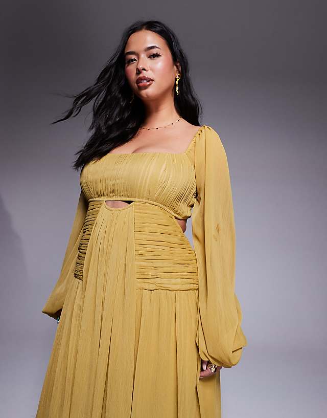 Asos ASOS DESIGN Curve Long Sleeve Cut Out Maxi Dress With Ruched Skirt In Olive Green