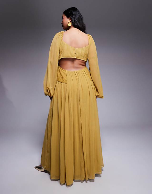 Asos ASOS DESIGN Curve Long Sleeve Cut Out Maxi Dress With Ruched Skirt In Olive Green