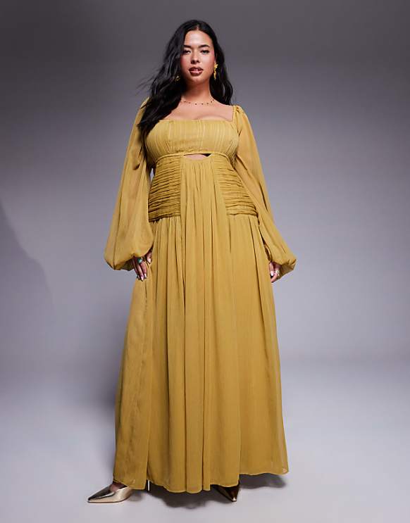 asos ASOS DESIGN Curve long sleeve cut out maxi dress with ruched skirt in olive green