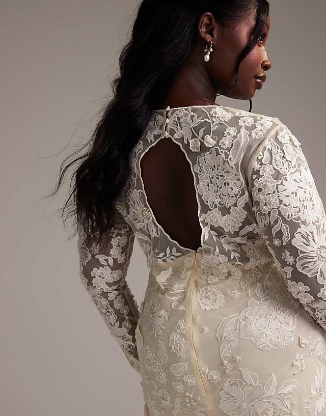 Asos ASOS DESIGN Curve Long Sleeve Embroidered Mini Wedding Dress In Cream