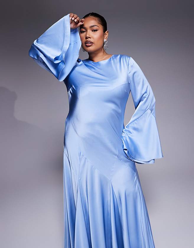 Asos ASOS DESIGN Curve Long Sleeve Satin Maxi Dress With Full Skirt And Godet In Soft Blue