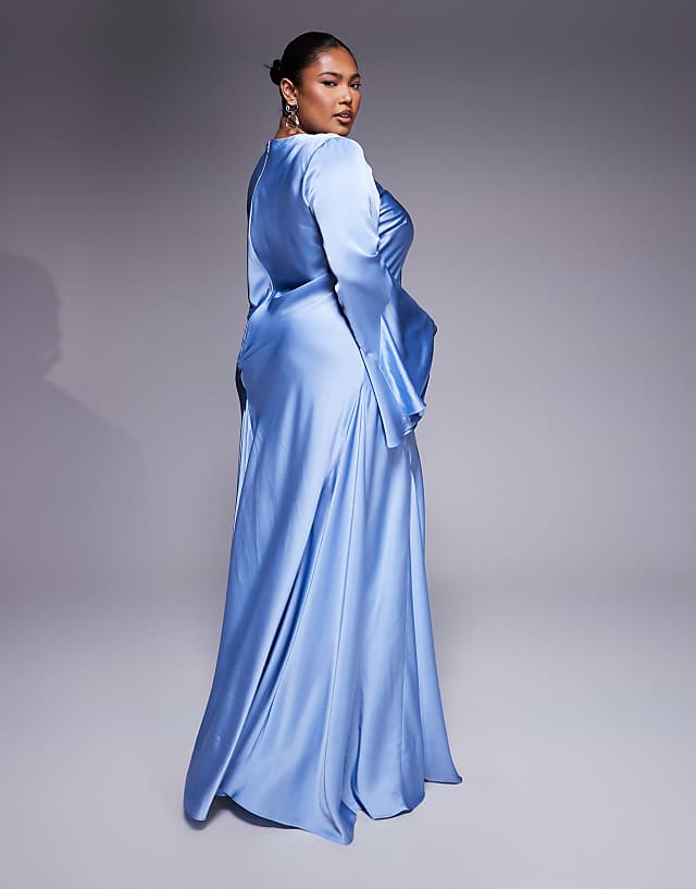 Asos ASOS DESIGN Curve Long Sleeve Satin Maxi Dress With Full Skirt And Godet In Soft Blue