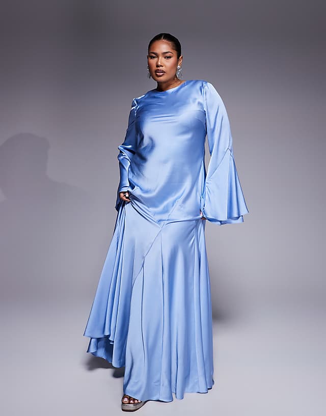 asos ASOS DESIGN Curve long sleeve satin maxi dress with full skirt and godet in soft blue