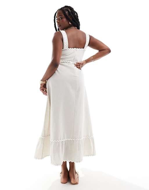 Asos ASOS DESIGN Curve Midi Linen Sundress With Contrast Rik Rak Trim In Oatmeal