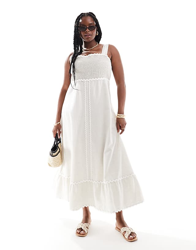 asos ASOS DESIGN Curve midi linen sundress with contrast rik rak trim in oatmeal