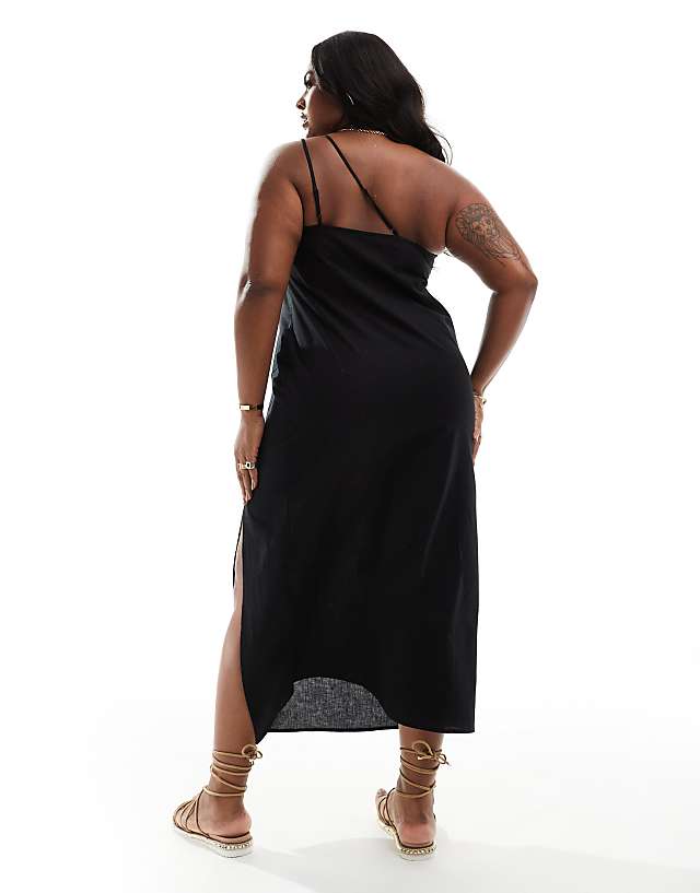 Asos ASOS DESIGN Curve One Shoulder Split Strap Linen Midi Sundress In Black