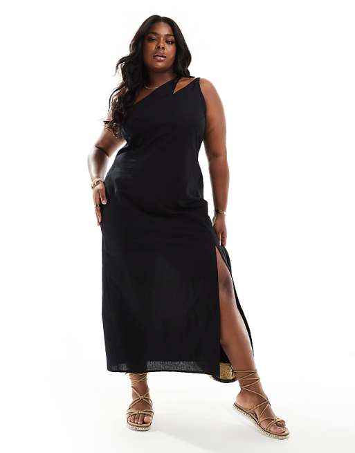 asos ASOS DESIGN Curve one shoulder split strap linen midi sundress in black