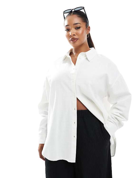 asos ASOS DESIGN Curve oversized linen look shirt in off white