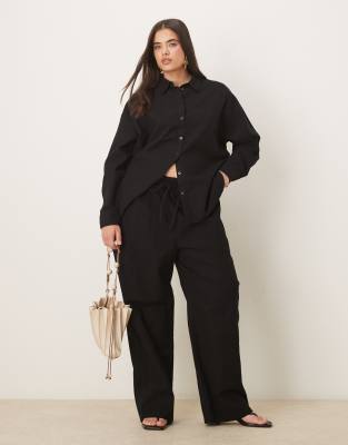 Asos ASOS DESIGN Curve Oversized Linen Look Shirt & Linen Look Pull On Trousers Co-ord In Black