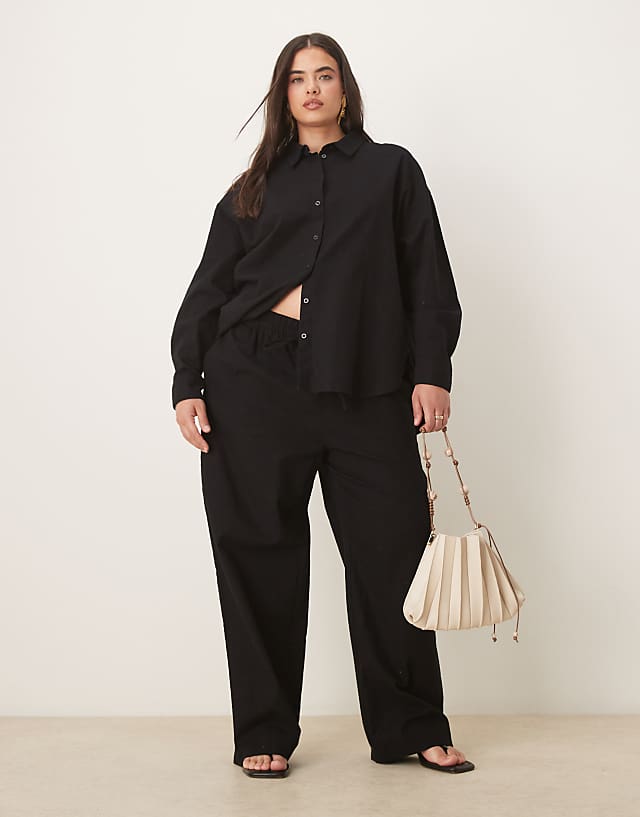 asos ASOS DESIGN Curve oversized linen look shirt & linen look pull on trousers co-ord in black