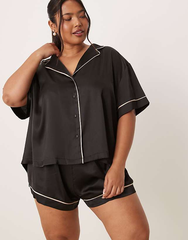 asos ASOS DESIGN Curve oversized satin short sleeve shirt & short pyjama set